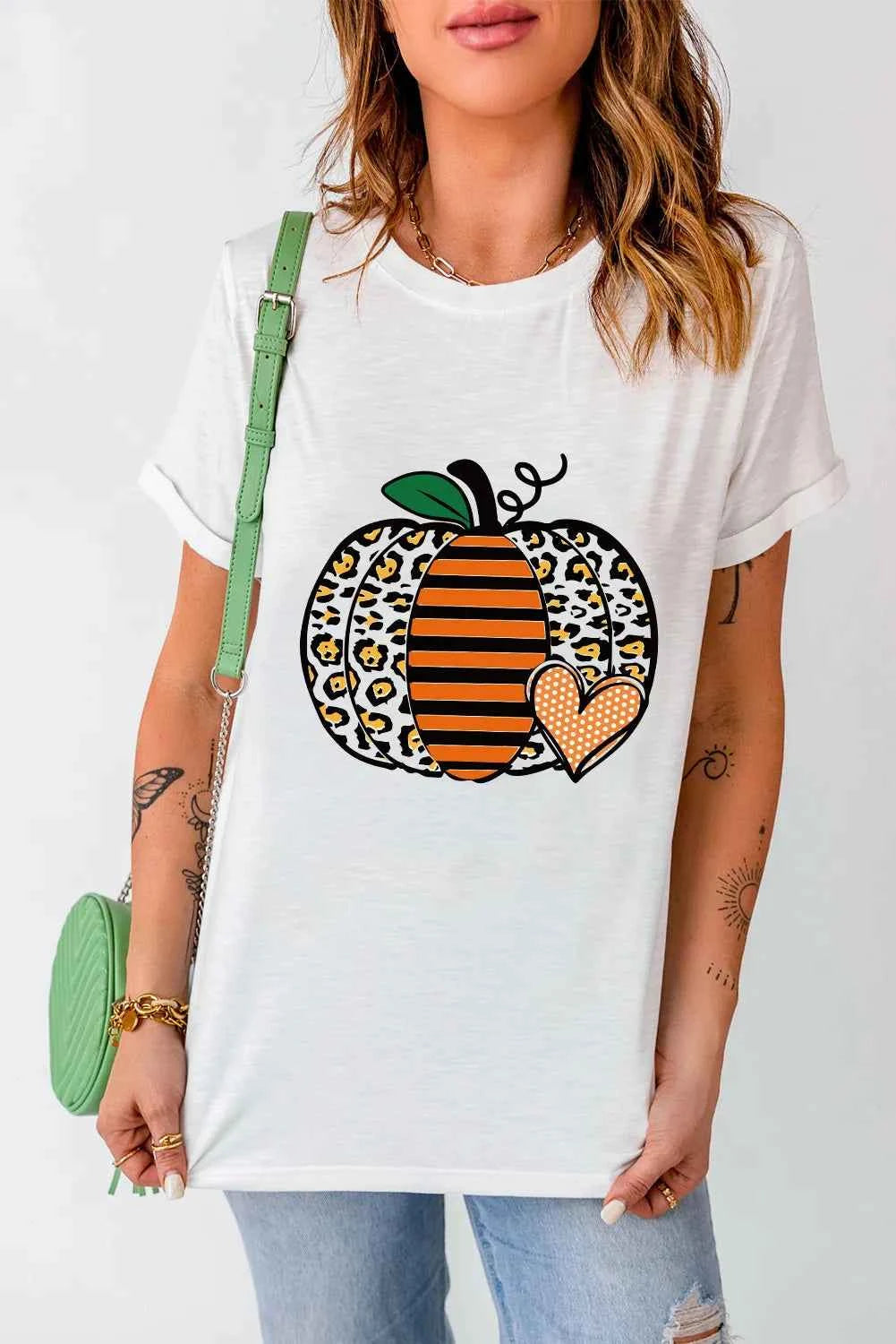 Pumpkin Graphic Round Neck Short Sleeve T Shirt Lojy Shop
