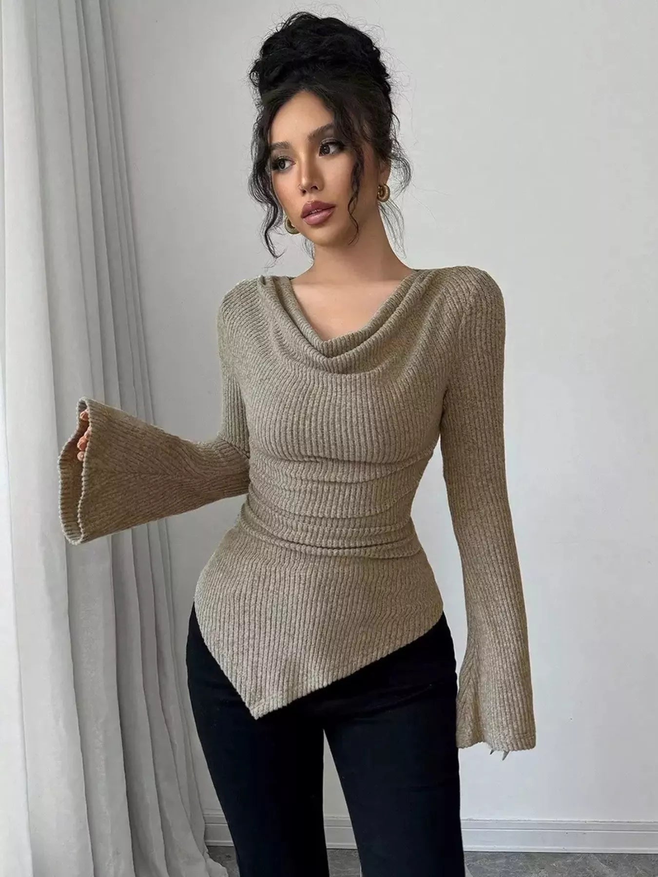 Cowl Neck Flare Sleeve Top