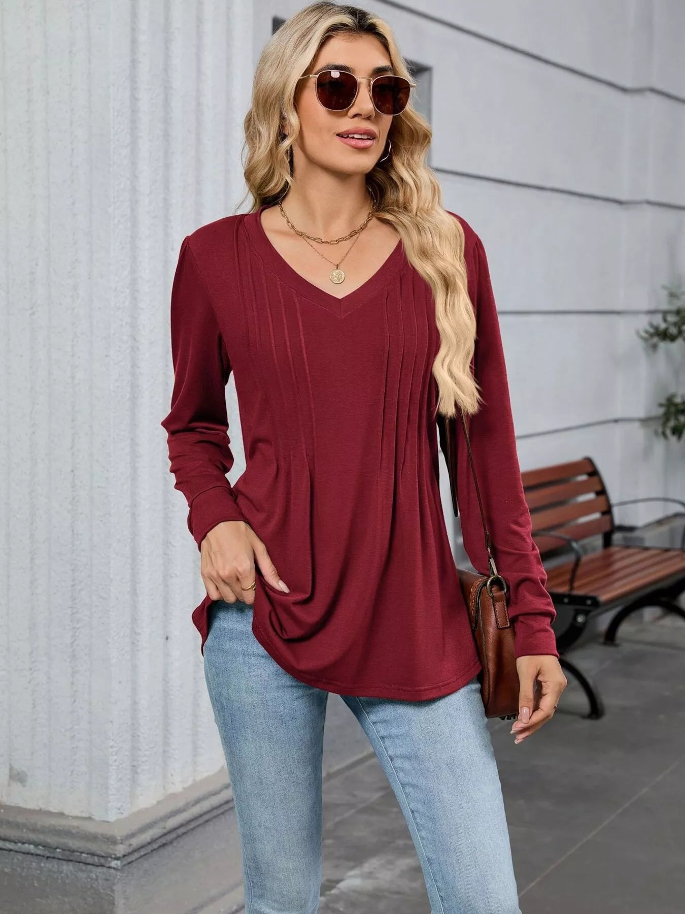 V-Neck Long Sleeve Relaxed Fit T-Shirt