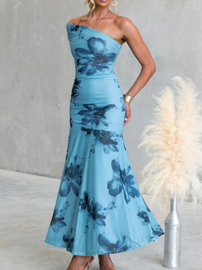 Floral Print One-Shoulder Ruched Maxi Dress