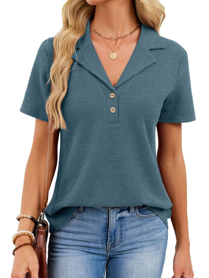 Waffle Knit Button Detail T-Shirt