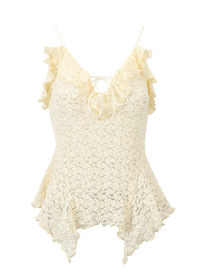 Lace Ruffle Trim Tie-Front Cami