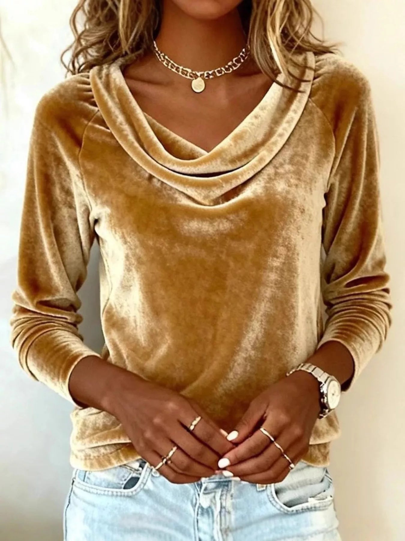Velvet Cowl Neck Long Sleeve T-Shirt