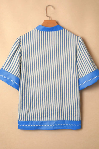 Stripe Color Block Detail V Neck Short Sleeve Blouse