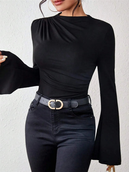 Bell Sleeve Ruched Fitted T-Shirt with Mock Neck