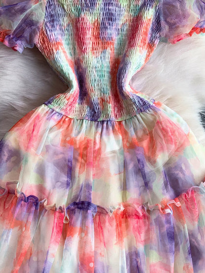 Smocked Floral Tiered Mesh Midi Dress