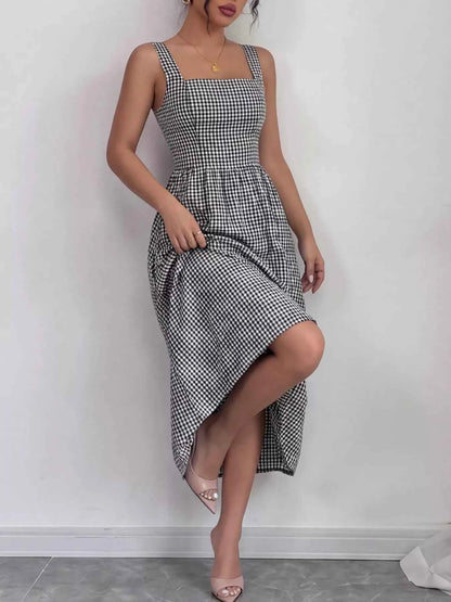 Square Neck Gingham Midi Dress