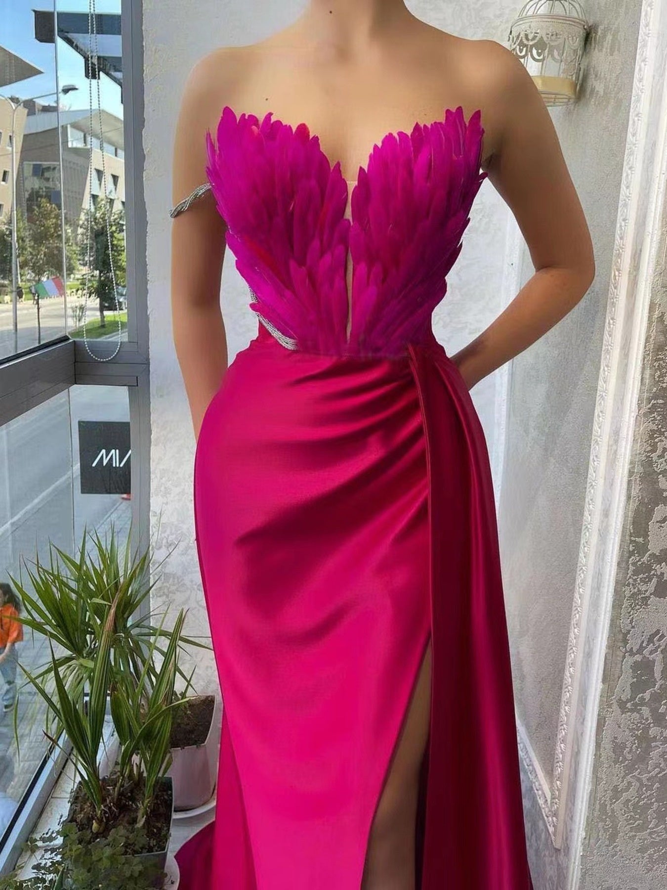 Feather Embellished Slit Maxi Dress