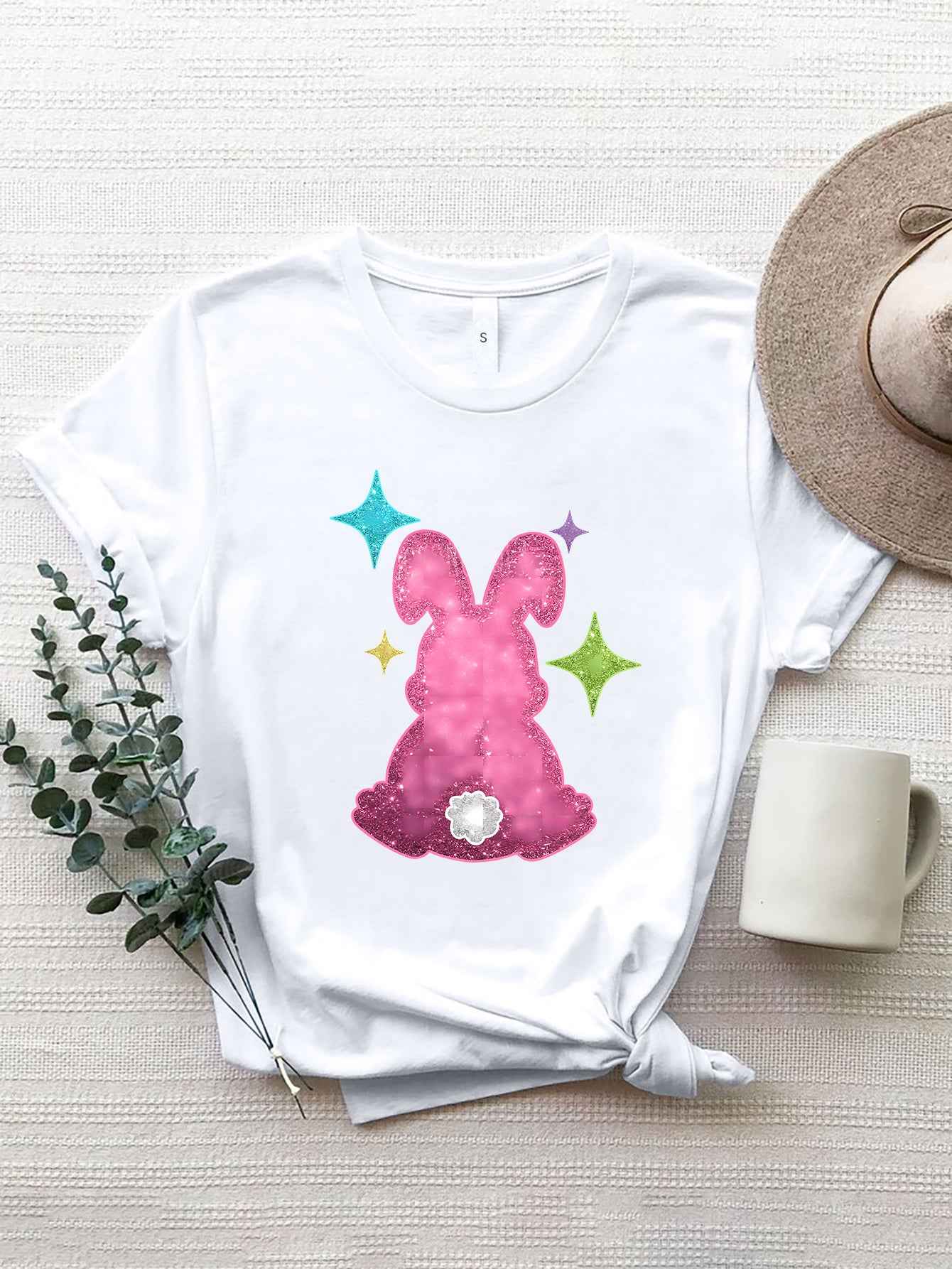 Rabbit Round Neck Short Sleeve T Shirt Lojy Shop