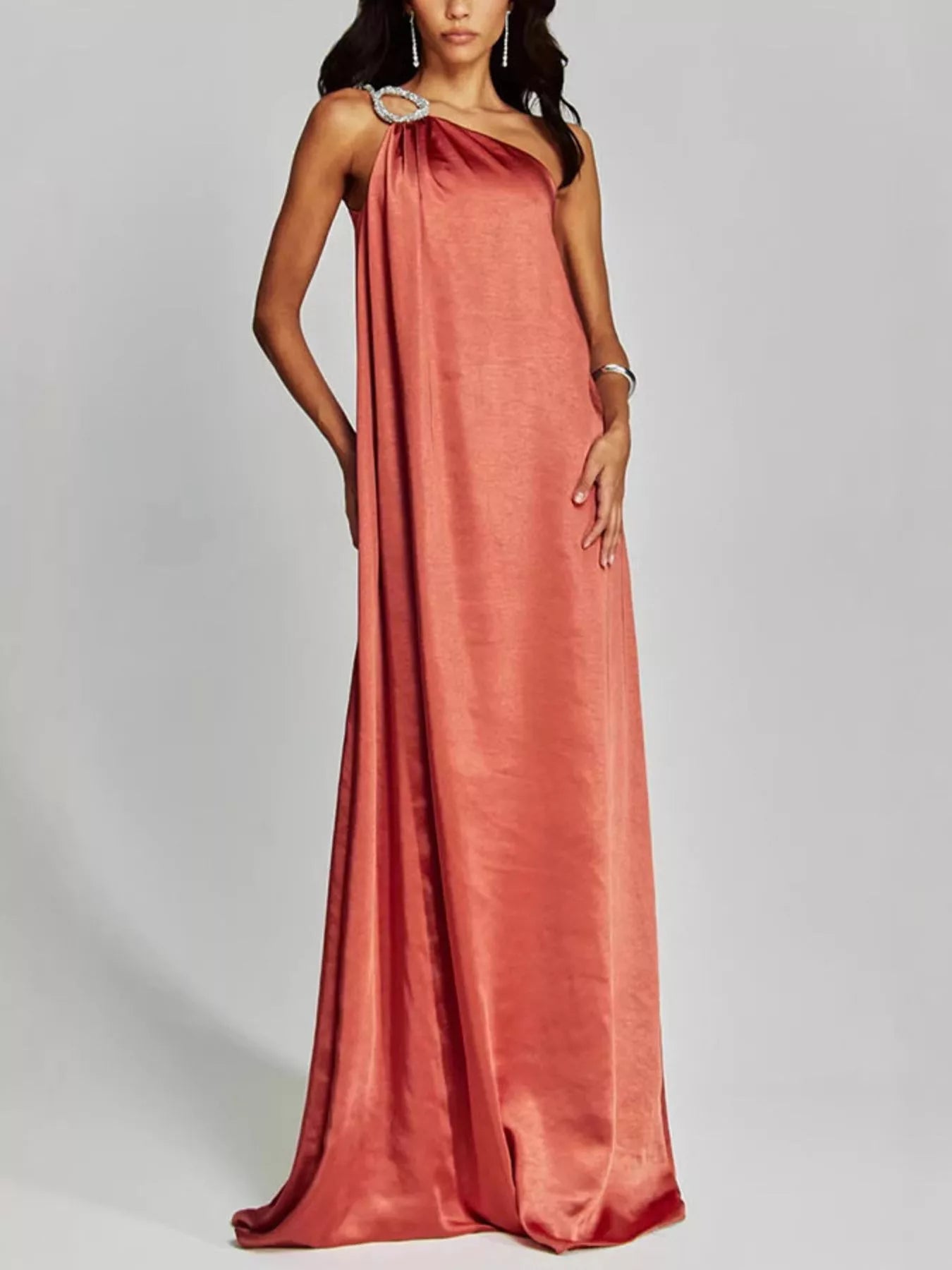 One-Shoulder Rhinestone Satin Maxi Dress