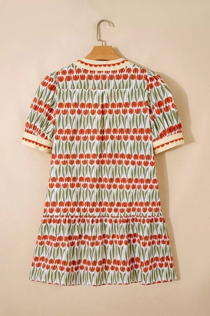Tulip Floral Print Cotton Puff Short Sleeve Mini Dress