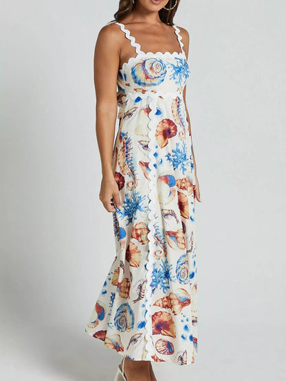 Seashell Print Scalloped Midi Dress