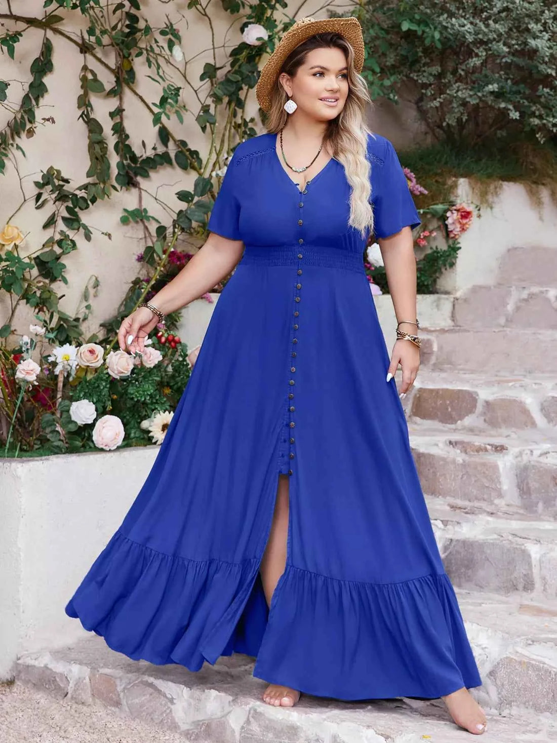 Plus Size Ruffled Hem V-Neck Maxi Dress