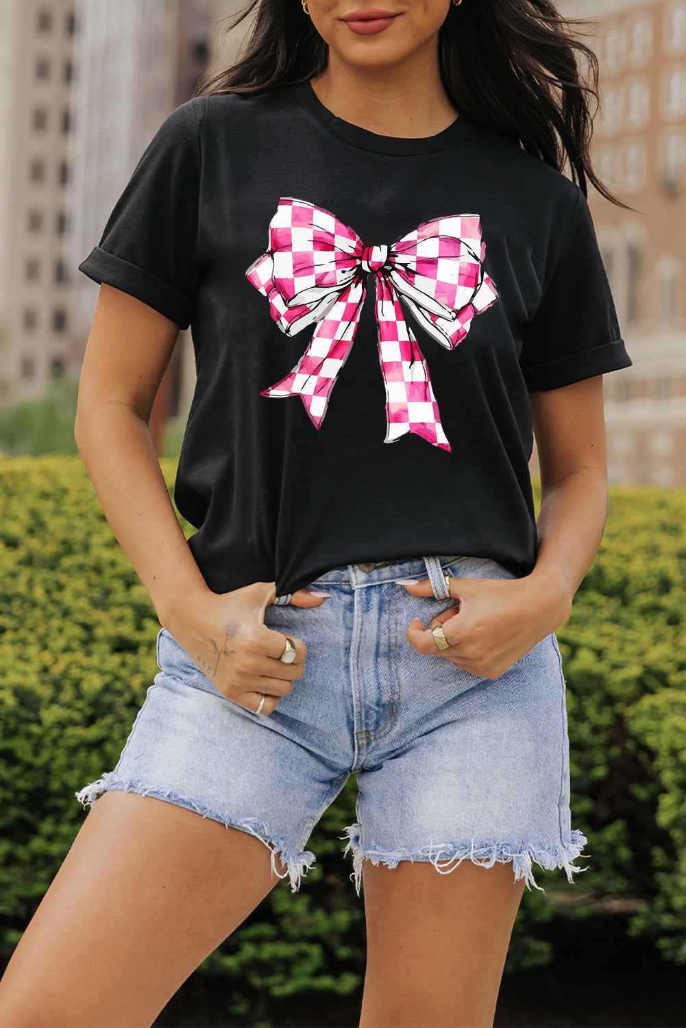 Bow Graphic Round Neck Short Sleeve T Shirt Lojy Shop