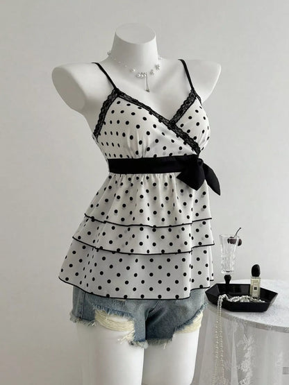 Polka Dot Ruffle Hem Cami with Lace Trim