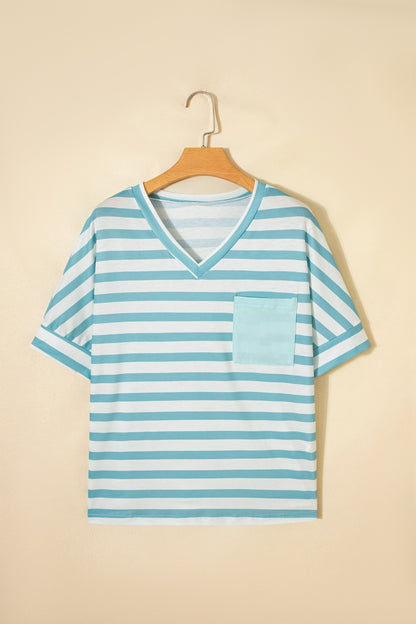 Stripe V Neck Patched Pocket Casual T Shirt