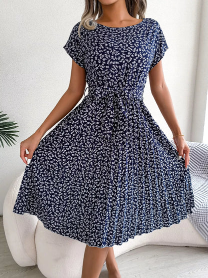 Floral Print Pleated Midi Dress with Belt
