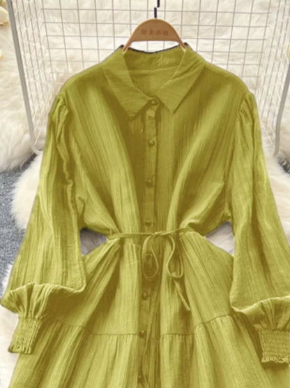 Button Down Tiered Long Sleeve Dress