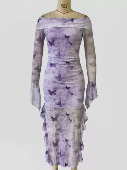 Butterfly Print Off-Shoulder Mesh Mermaid Dress