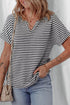 Stripe Textured Knit Notched Neck Cuffed Short Sleeve Top