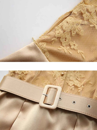 Lace Lantern Sleeve Belted Maxi Dress