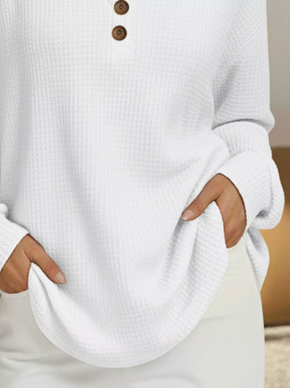 Full Size Casual Waffle Knit V-Neck Long Sleeve T-Shirt Plus Size