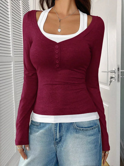 Scoop Neck Long Sleeve Fake Two-Piece T-Shirt