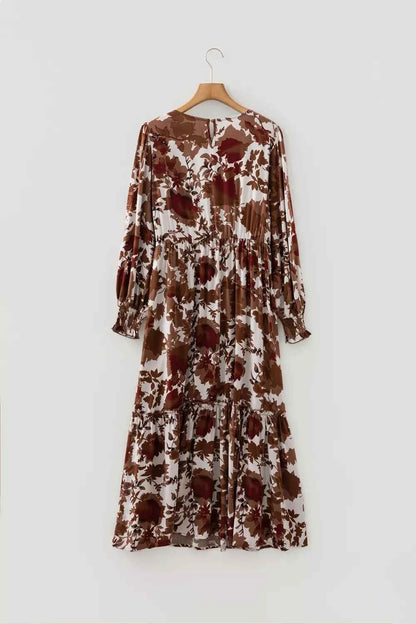 Floral Puff Sleeve Smocked Bodice Ruffled Maxi Dress