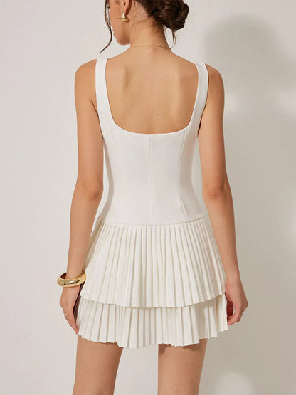 Square Neck Pleated Mini Dress
