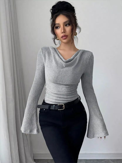 Cowl Neck Flare Sleeve Top