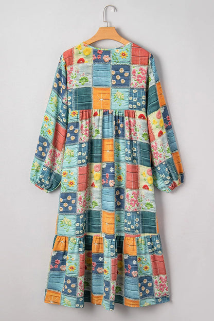 Floral Checkered V-Neck Dress