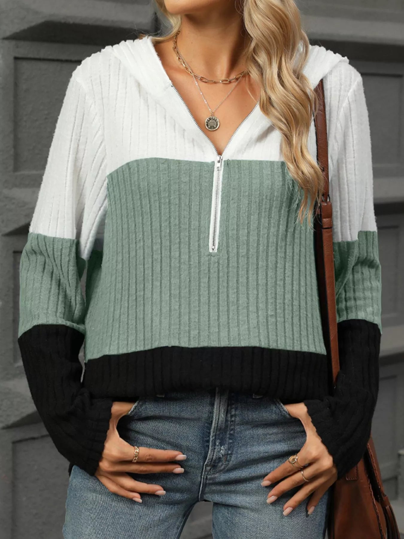 Color Block Half Zip Hooded Top