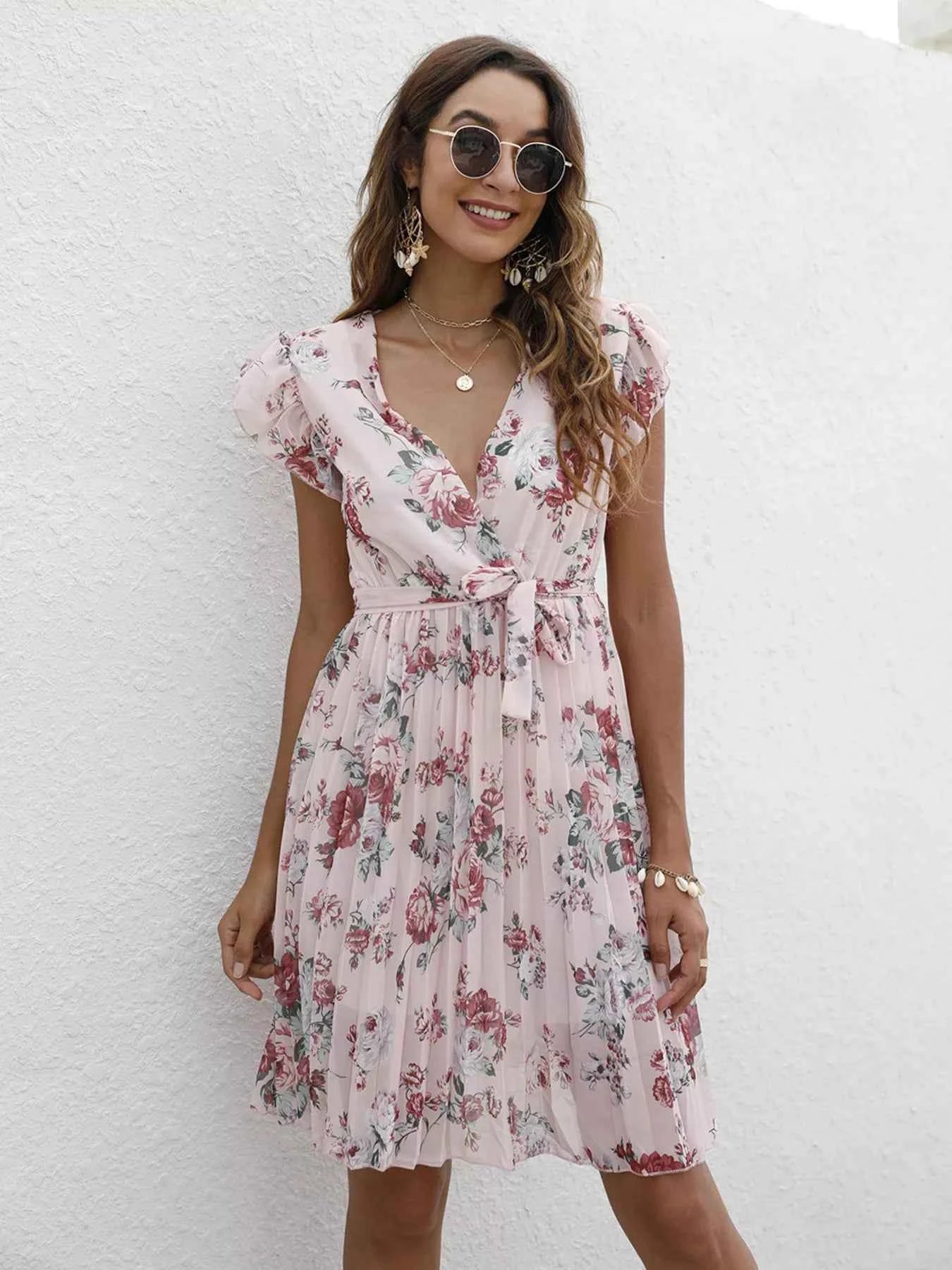 Pleated Floral Print Ruffle Sleeve Dress