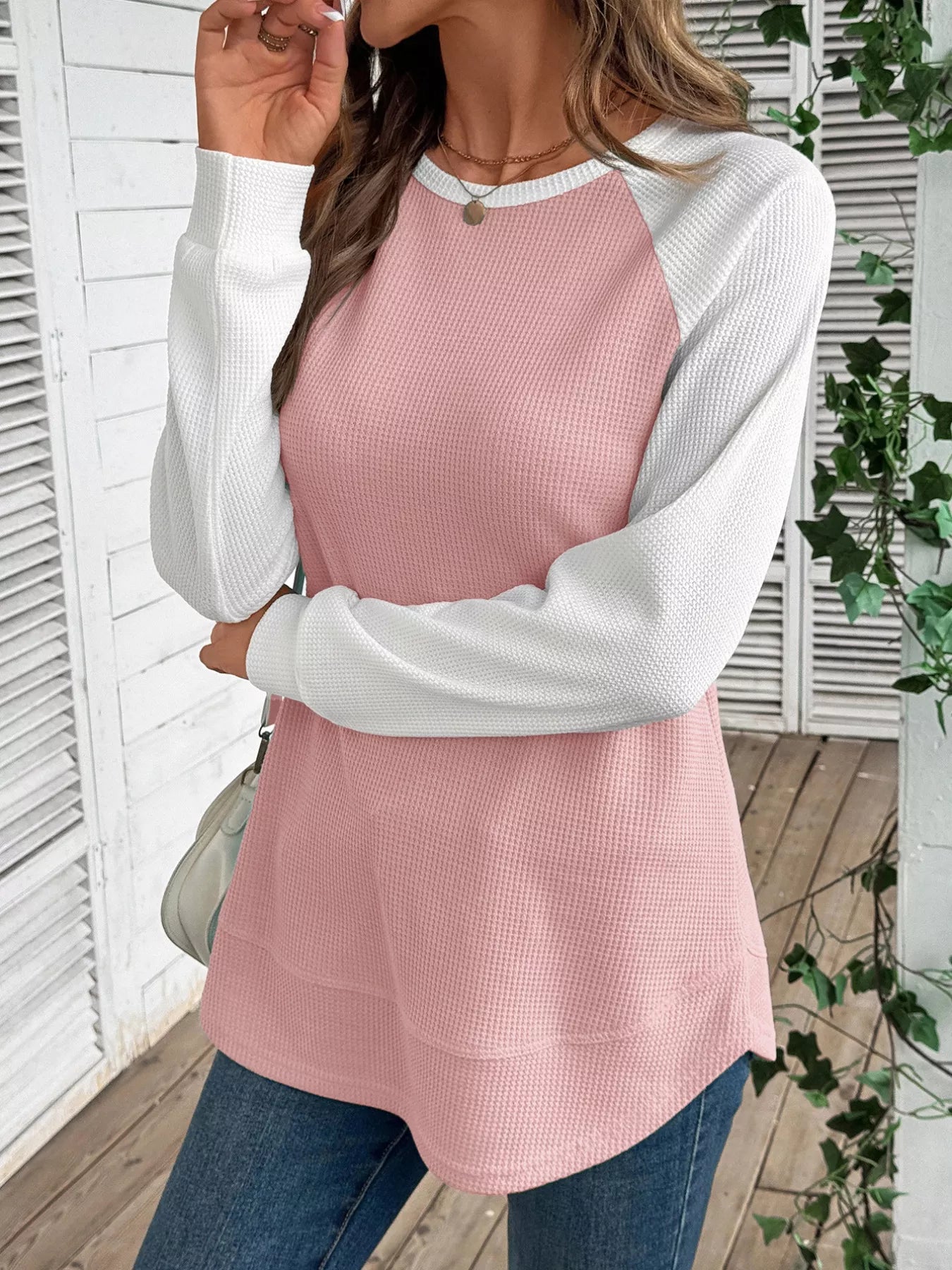 Contrast Raglan Sleeve Waffle Knit T-Shirt