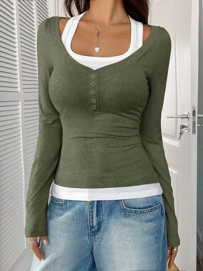 Contrast Long Sleeve Fake Two-Piece T-Shirt