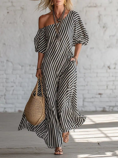 Full Size Striped One-Shoulder Casual Maxi Dress Plus Size