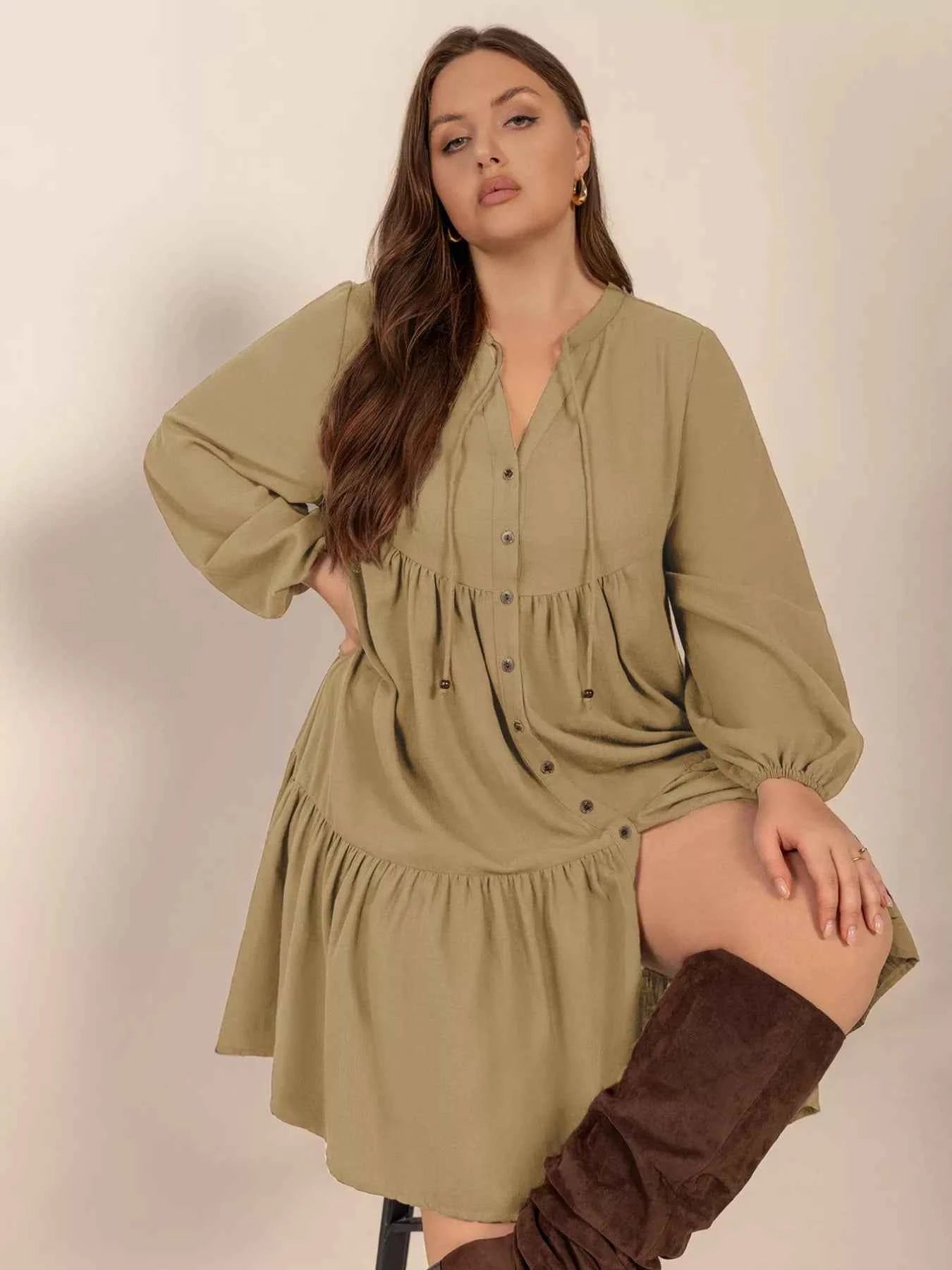 Plus Size Tie Neck Balloon Sleeve Dress