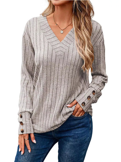 Ribbed V-Neck Long Sleeve Top