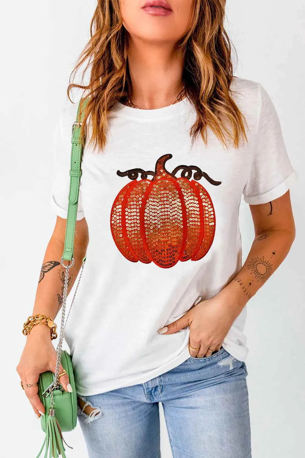 Full Sequin Pumpkin Round Neck Short Sleeve T Shirt Lojy Shop