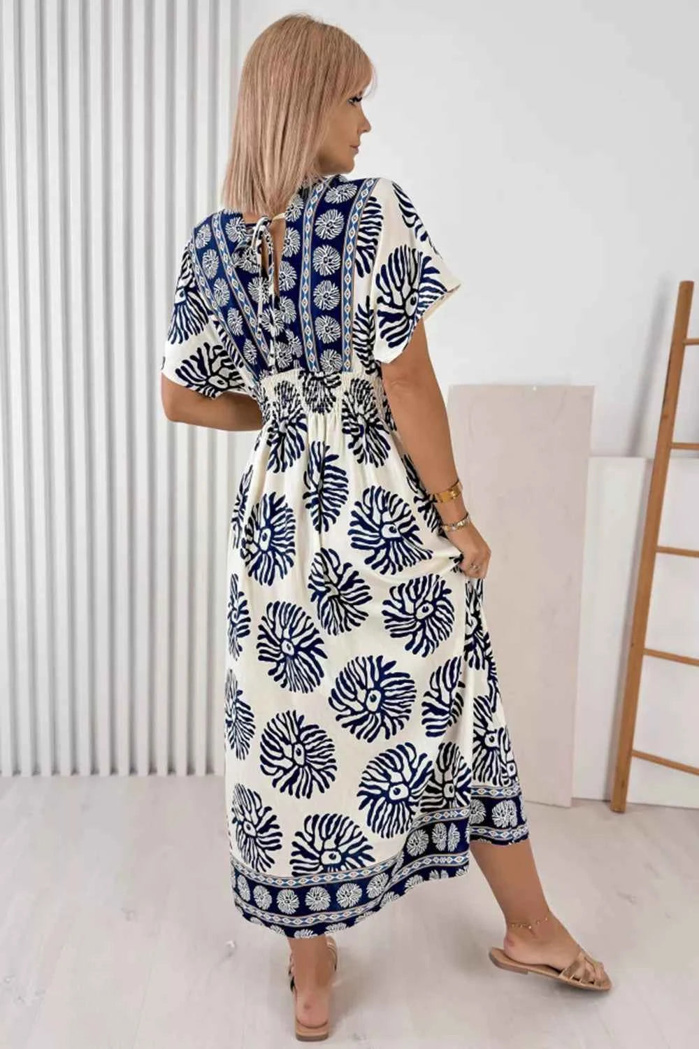 Floral Print Contrast Patchwork V Neck Dolman Dress