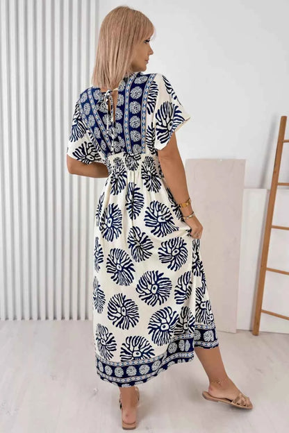 Floral Print Contrast Patchwork V Neck Dolman Dress