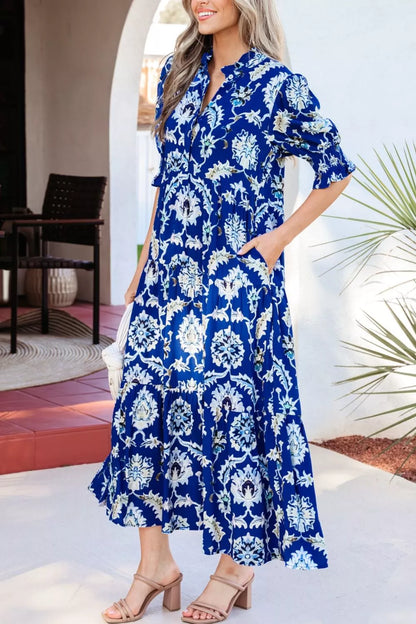 Wild Floral Print Frilled Collar Half Sleeve Dress