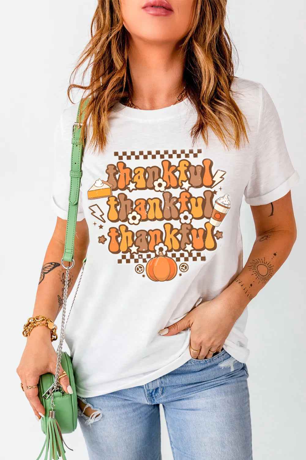 THANKFUL Round Neck Short Sleeve T Shirt Lojy Shop