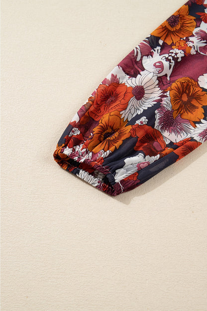 Floral Print Wrap V Neck Puff Sleeve Flowy Mini Dress