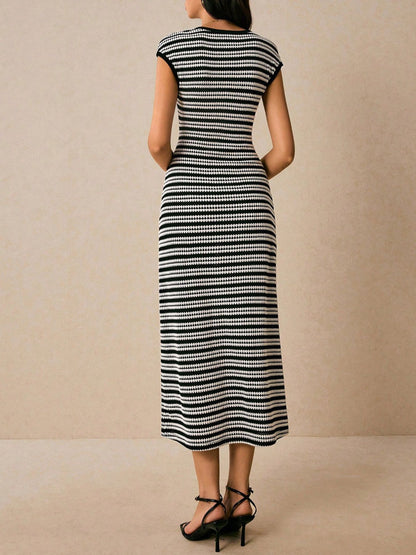 Striped Cap Sleeve Bodycon Midi Dress