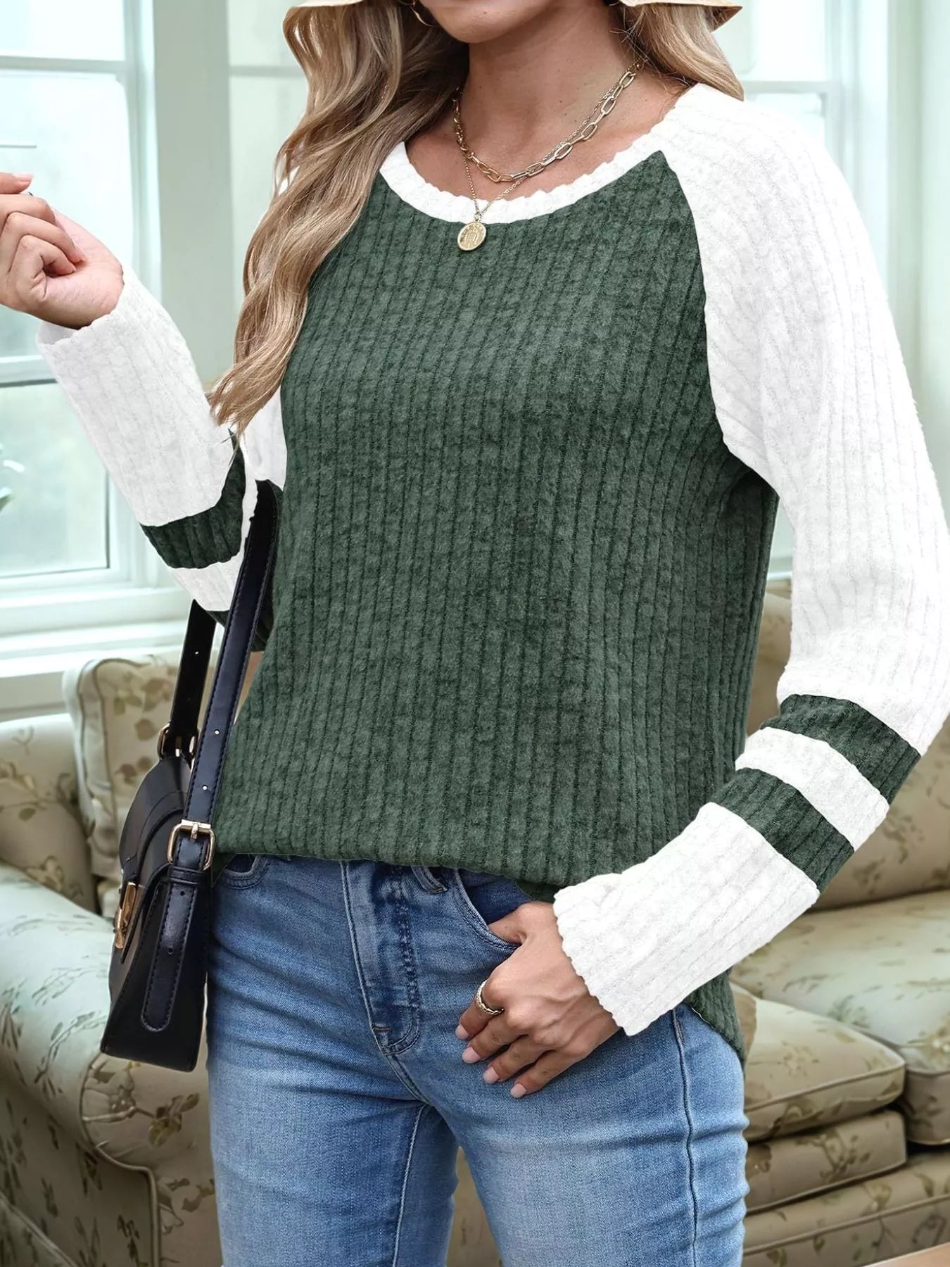 Ribbed Round Neck Raglan Sleeve Top
