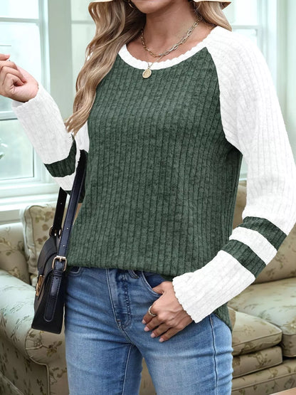 Ribbed Round Neck Raglan Sleeve Top