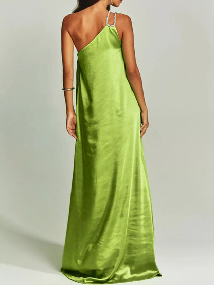 One-Shoulder Rhinestone Satin Maxi Dress