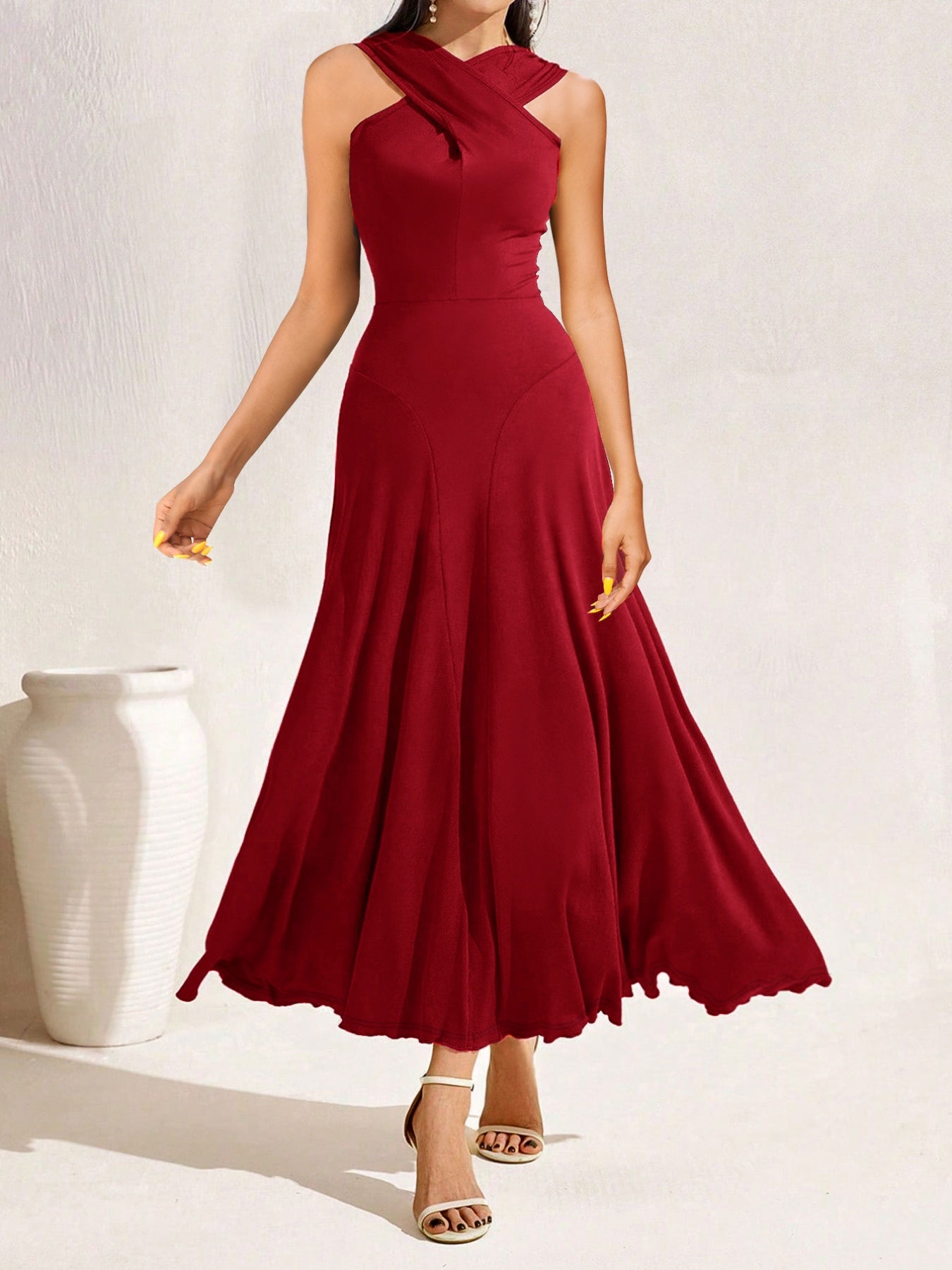 Crisscross Halter Neck A-Line Midi Dress