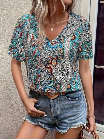 Bohemian Paisley Print V-Neck Short Sleeve T-Shirt